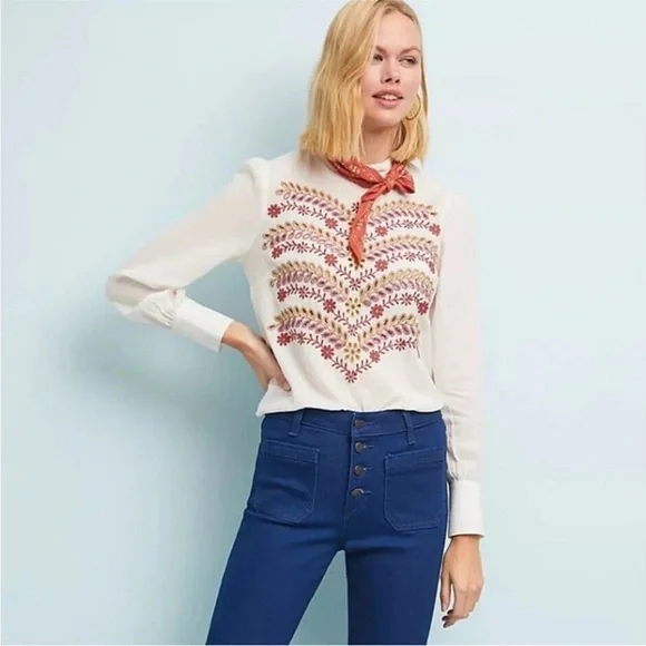 Anthropologie Meadow Rue Daphne Embroidered Blouse Cotton Gauze Boho Festival - Picture 1 of 6